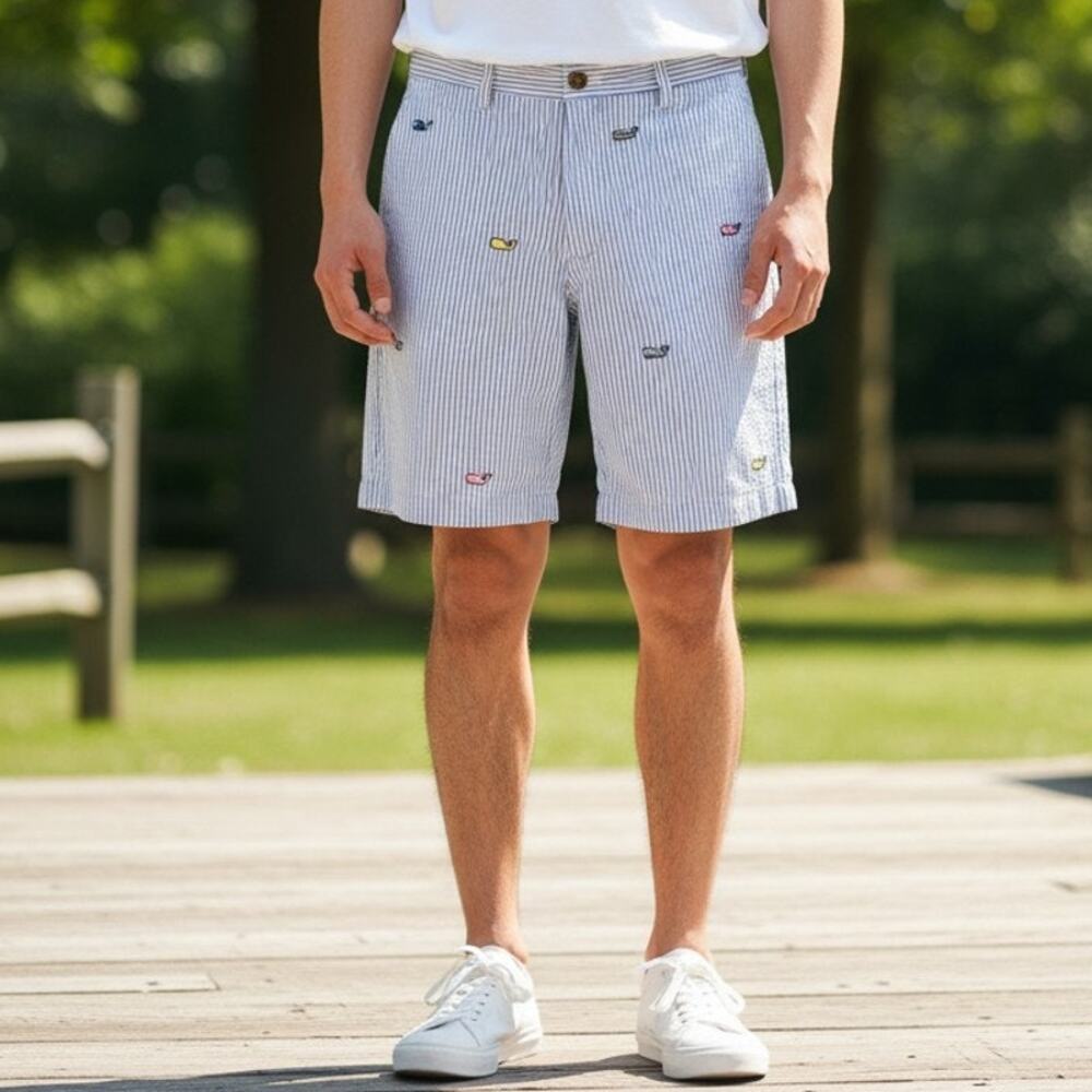 Vineyard Vines Kentucky Derby Breaker Shorts Men's 30 Blue Seersucker Whale